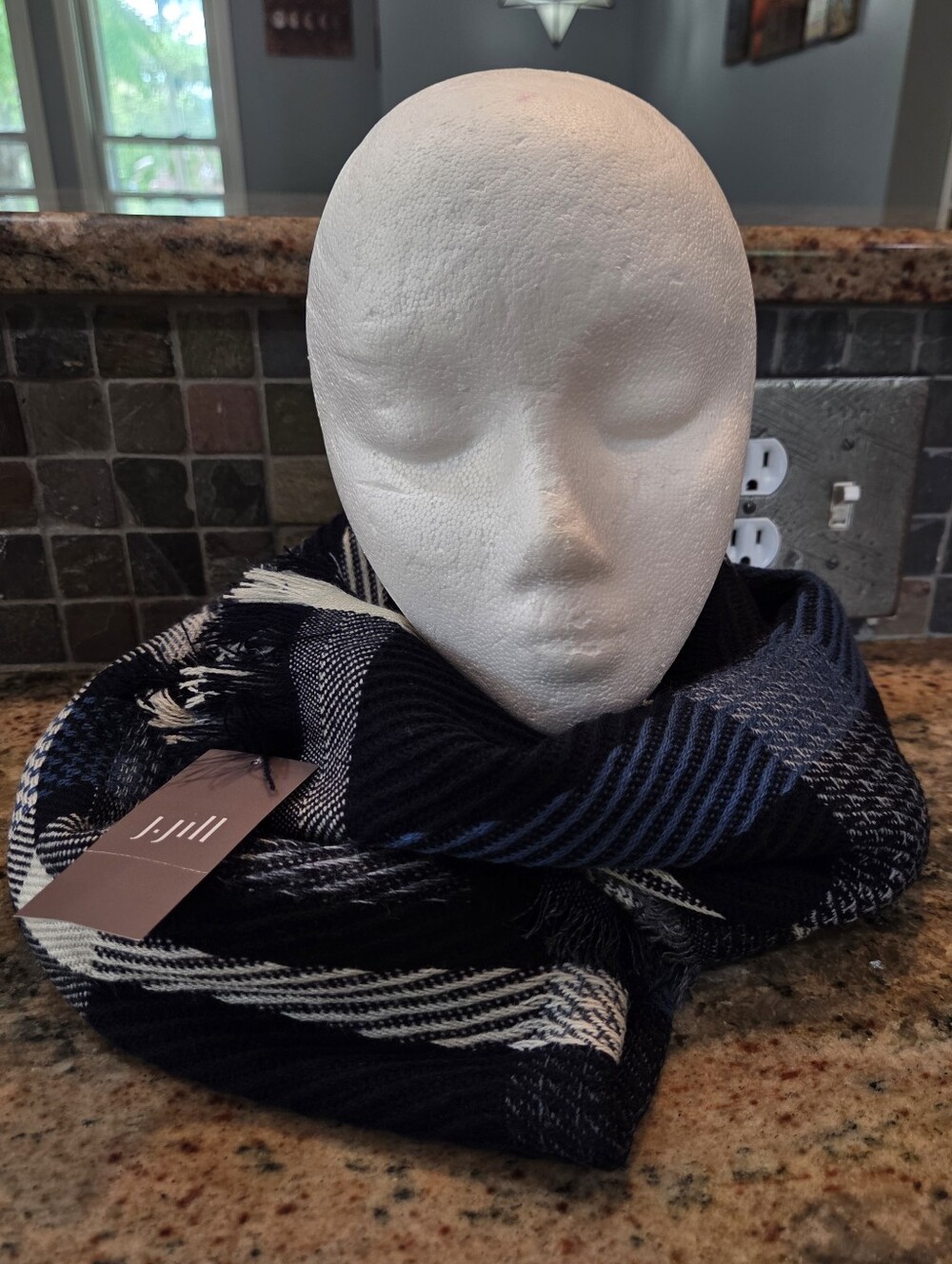 J.Jill new scarf Blue Multi Color Plaid Measures 75"x 22" Winter Fall Womens NWT